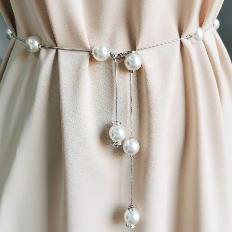 

Women's Korean Style Sweet Simple Dress Accessories Pearl Waist Chain Ladies Fashion Decoration Thin Belt Pearl Chain