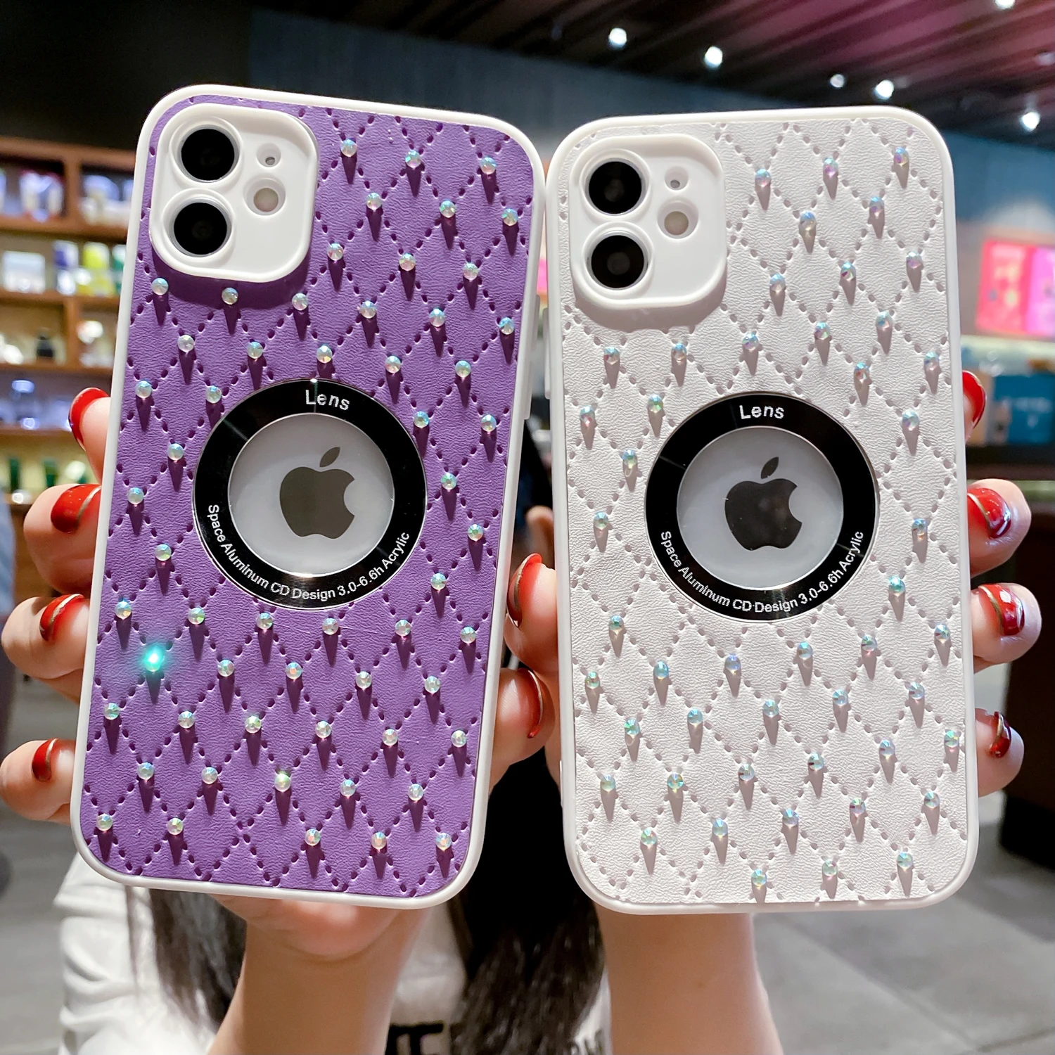 

2021Hot Deals Hollow and Exposed label TPU leather with diamond Mobile Phone Case for iphone 11 12promax, Multi colors