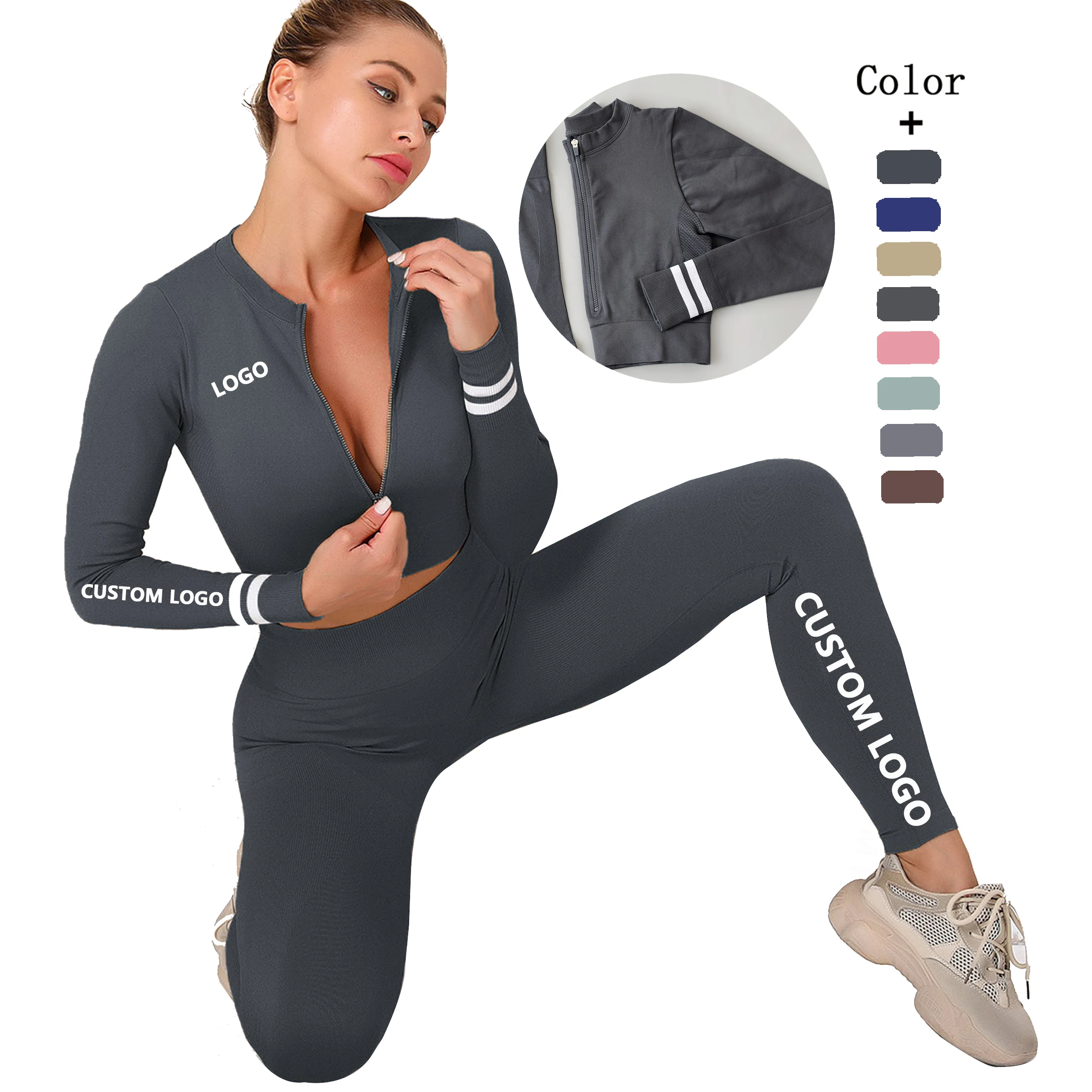 

2 Piece Yoga Set High Waist Seamless Leggings and Long Sleeve Crop Top Yoga Suit Seamless Suits For Women