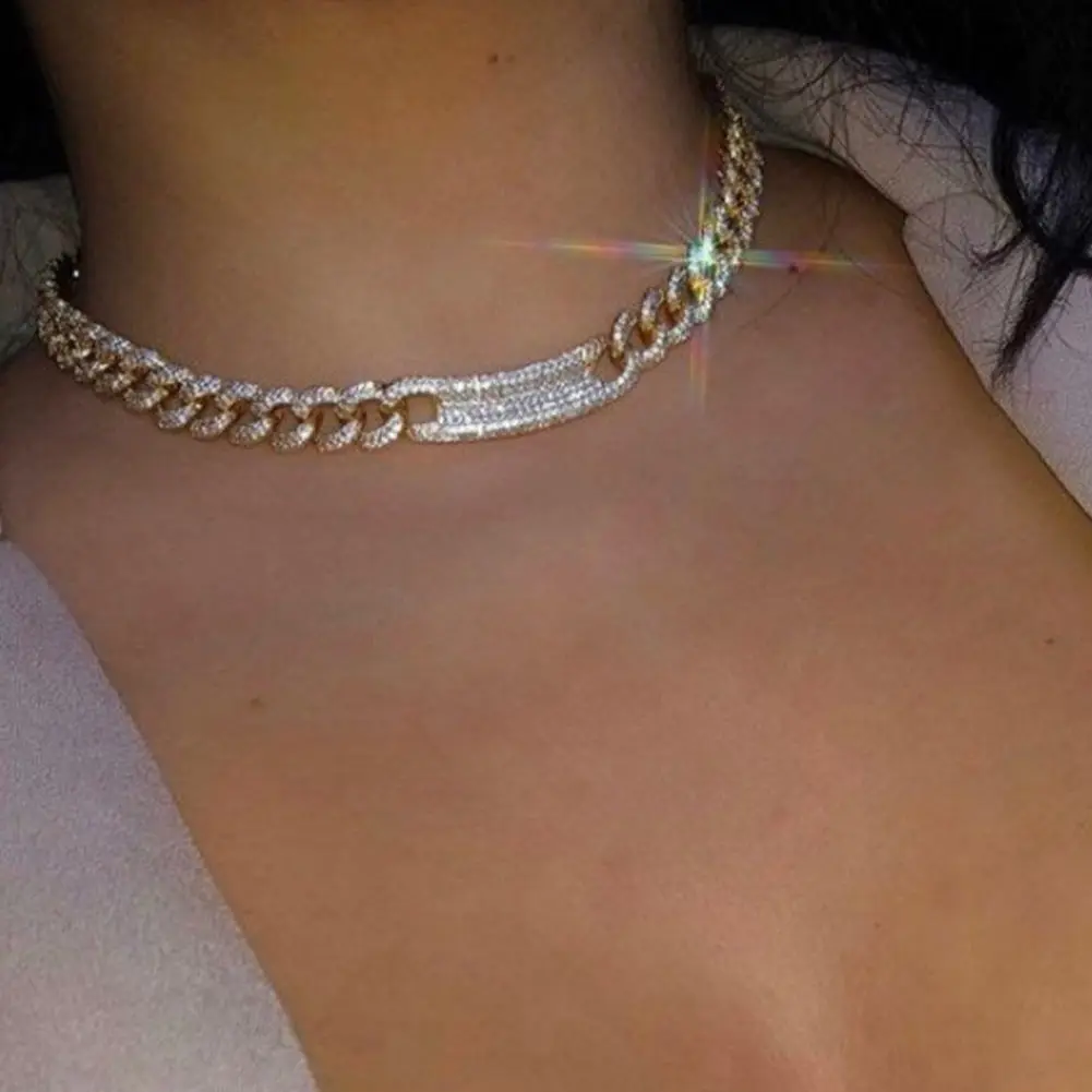 

High Quality 4 Colors Iced Out Cuban Chain Necklace For Women Full Rhinestone Pave Choker Necklace, Gold silver plated