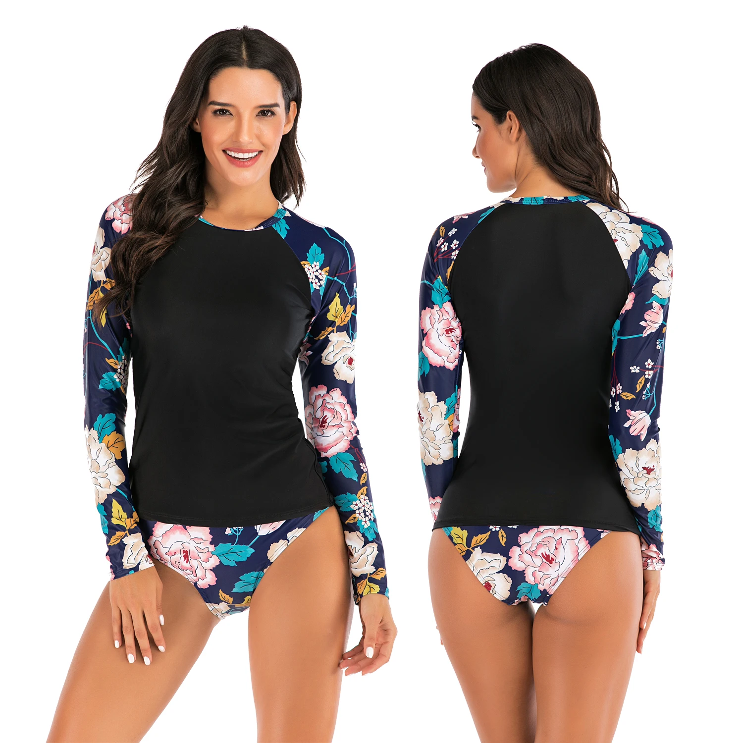 

women's black body floral sleeve printed protection long sleeve sun rash guard wetsuit two piece swimsuit set s-xxxl, Black printing