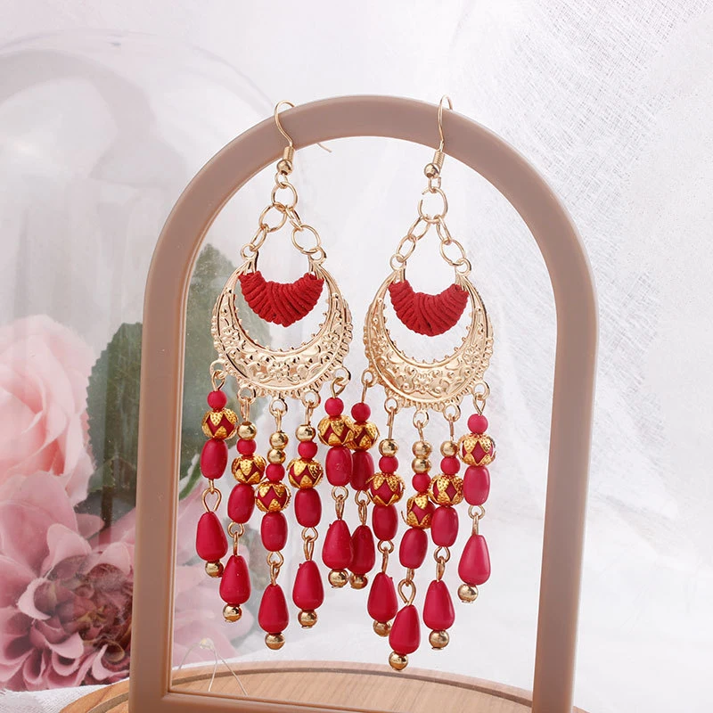 

Vintage Bohemian Personality Beaded Tassel Exaggerated Crystal Teardrop Earrings For Woman Girls Party Jewelry, White,black,red,green