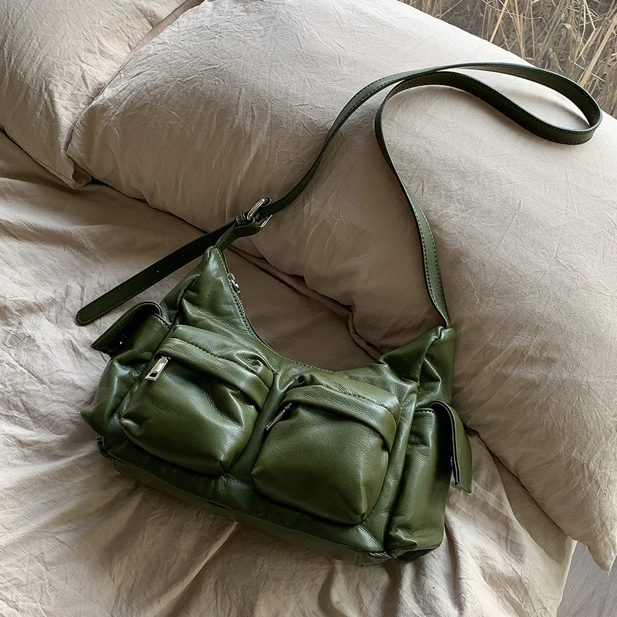 

South Korea's new large-capacity shoulder bag female all-match niche retro green ins style Flap soft PU multi-pocket messenger b