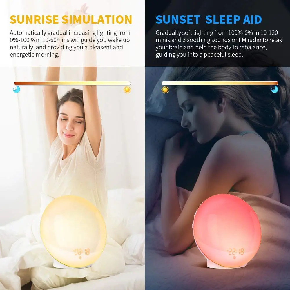 
Hot selling Wake Up Light Alarm Clock with Sunrise Sunset Simulation Dual Alarms Snooze Radio 7 Natural Sound USB Charging port 