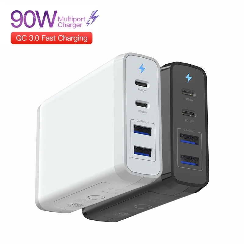 

For Iphone 13 4-Port 90W Usb C Pd Adapter 90W Gan Charger Pd Qc3.0 Multifunction Chargeur Fast Wall Cargador 90W Laptop Charger, White