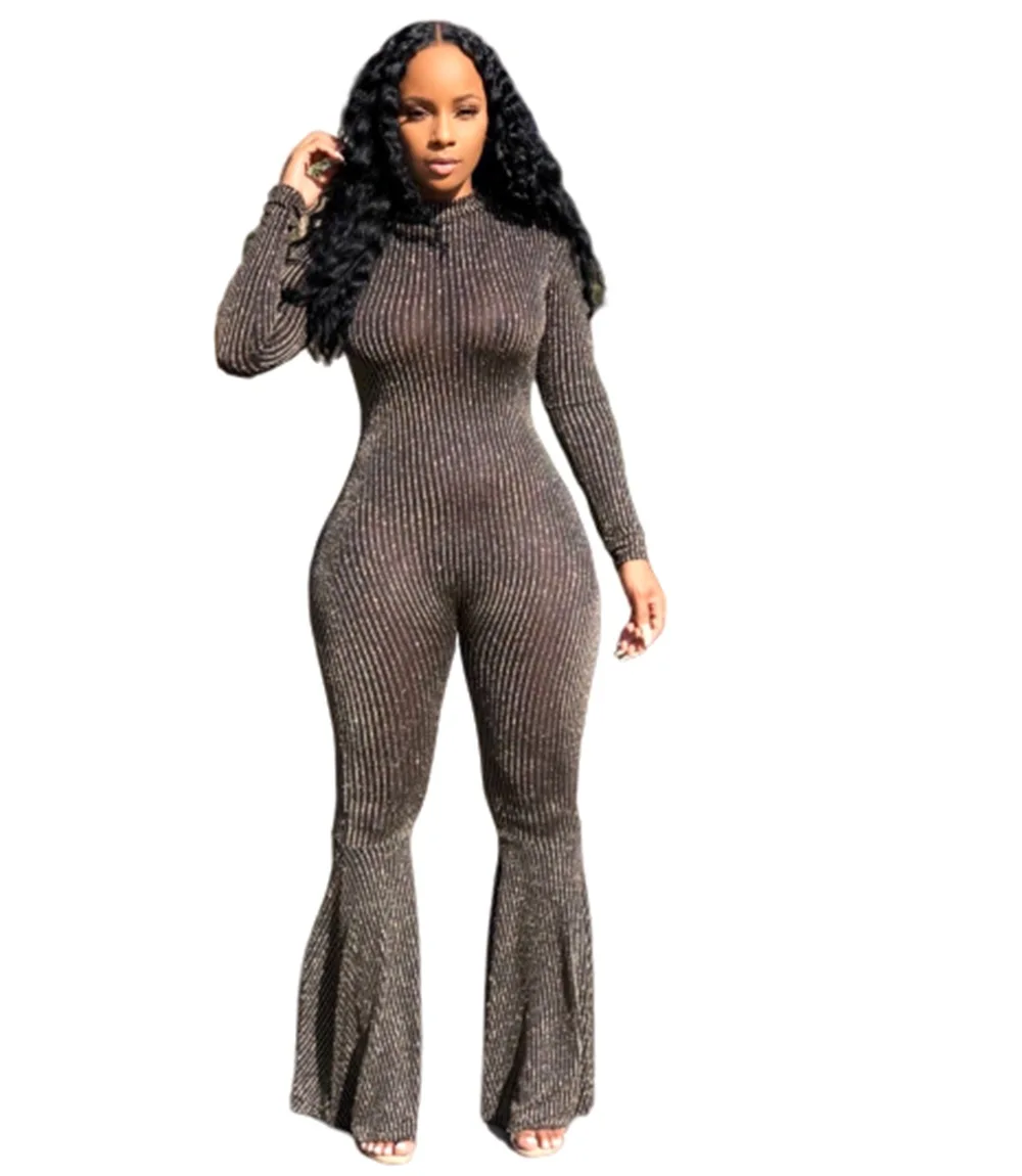 

Sexy round neck long-sleeved women's waistband striped bright edge flared jumpsuit, 3 colors
