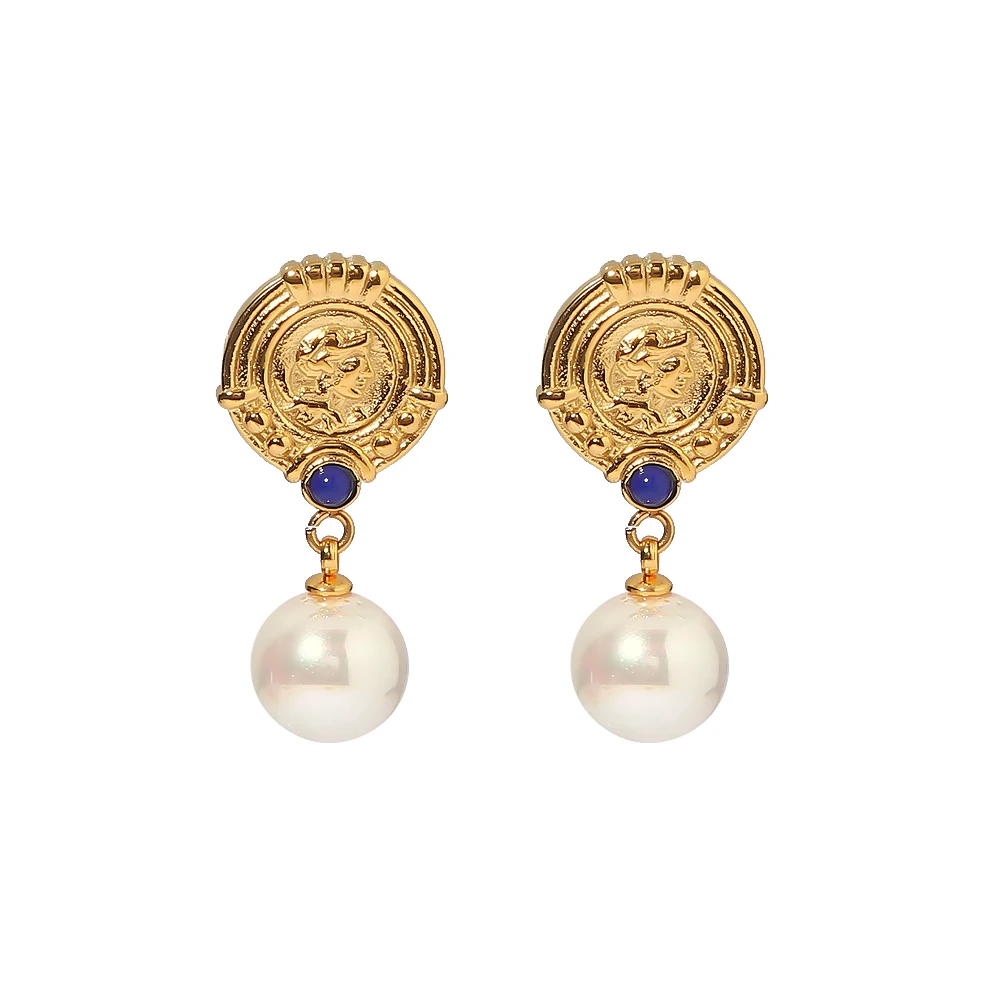 

Classic Stainless Steel Gold Plated Huge Pearl Pendant Earring Blue Lapis Delicate Design Drop Earring