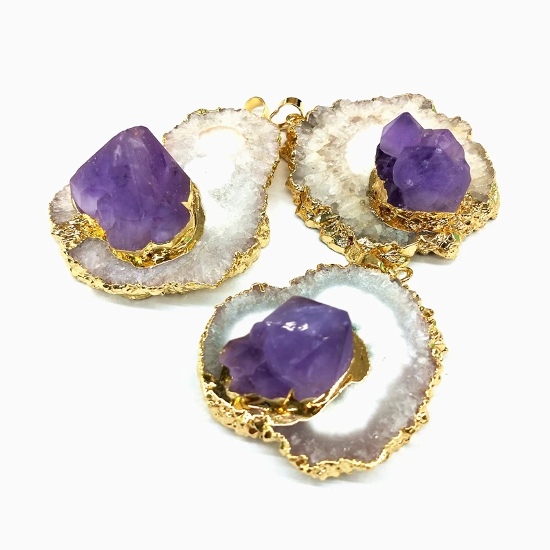 

Natural raw quartz geode gemstone healing pendant freeform slice stone amethyst pendant crystal jewelry for necklace, Quartz slice pendant