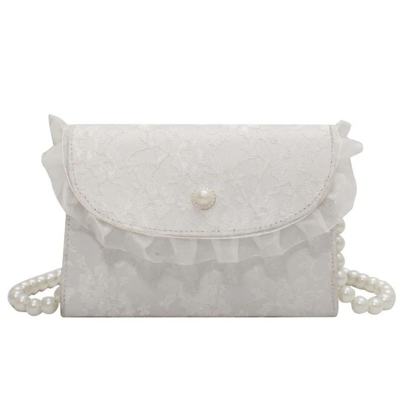 

SP1211 Cheap ladies pearl chain portable messenger bag elegant lace embroidery hand bags for women, White