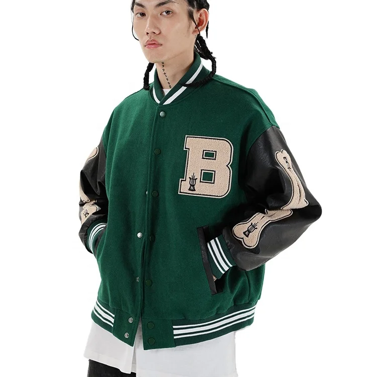 

Wholesale vintage plus size baseball jackets, embroider patches leather sleeves wool body jacket2021