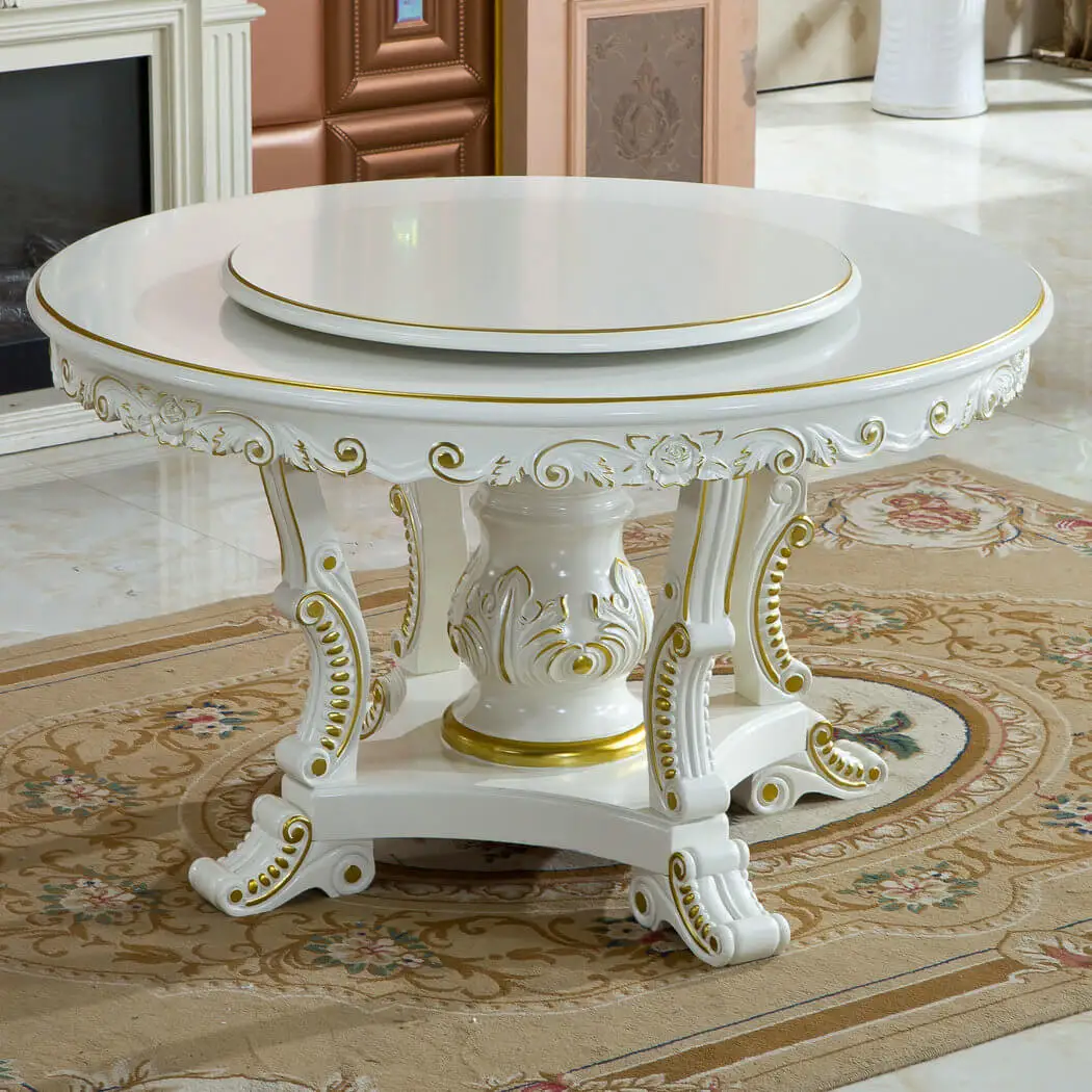 Mesa Redonda De Comedor Real,Pintura Dorada Tallada De Madera Antigua
