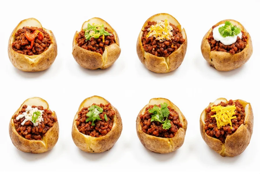 Various jacket potato chili variations with different toppings and presentations