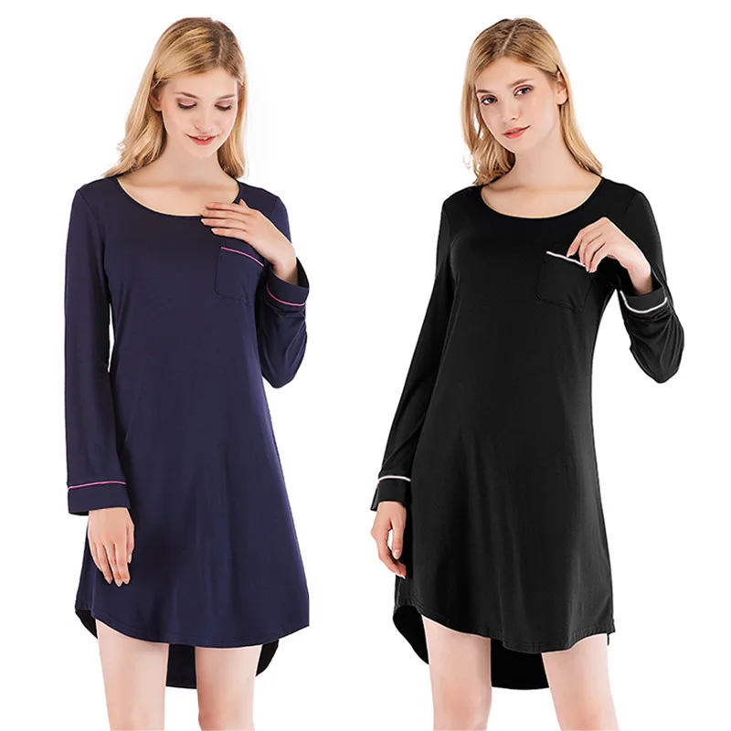 

High Quality woman pijamas long sleeved simple loungewear Comfortable round neck loose Nightdress Soft Cotton nightgown, 3colors