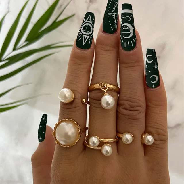 

5 Pcs/set elegant Korean freshwater pearl rings set adjustable finger rings jewelry for women, Gold