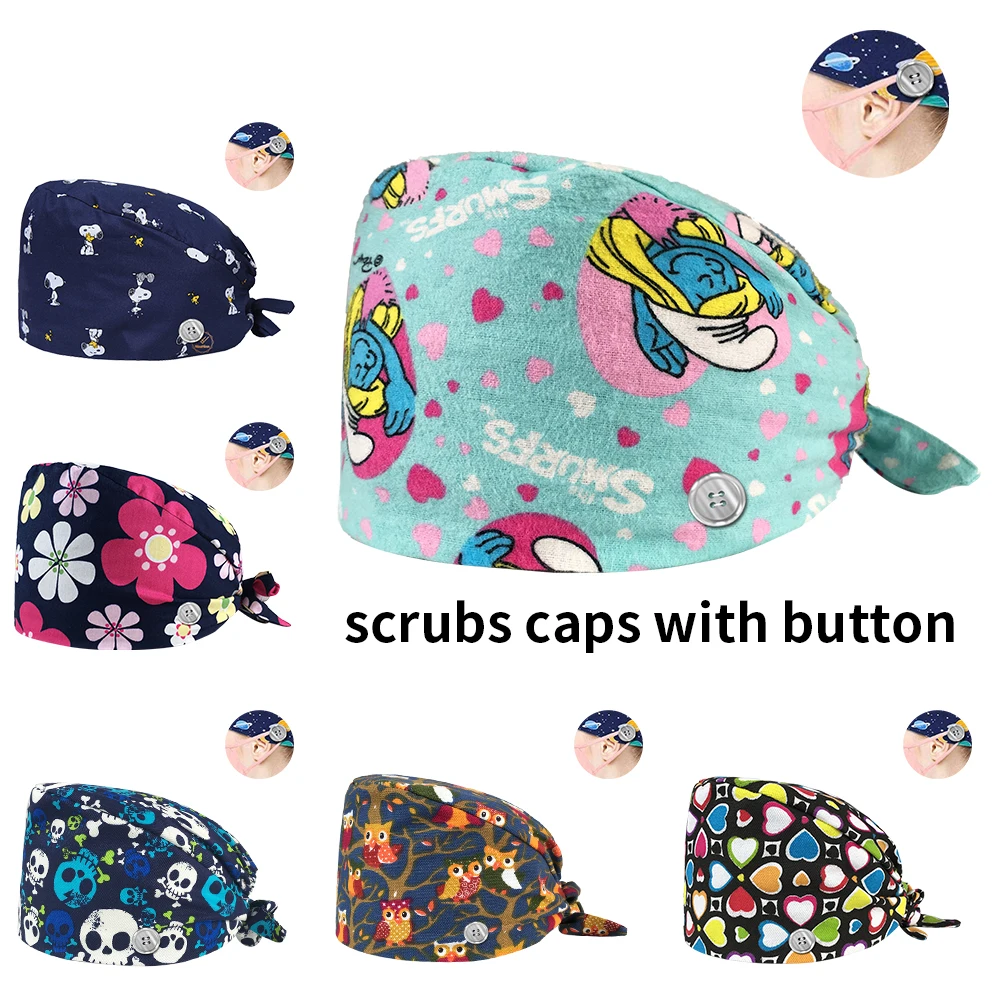 

Medical Surgical Scrub Caps buttons Breathable 100% cotton adjustable printing pattern Cap pharmacy Dentist Pet Doctor work hats, Customerized