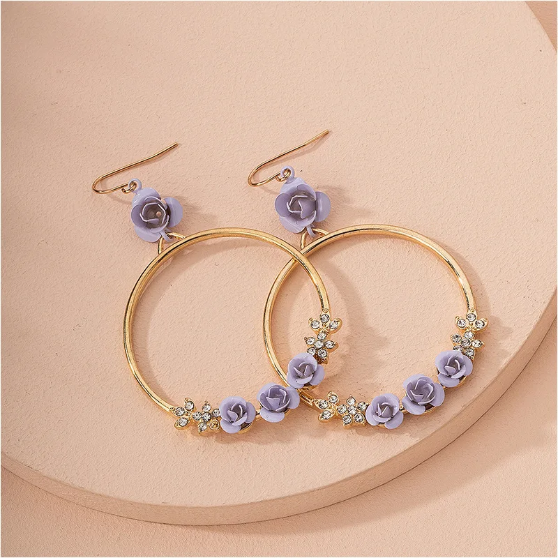 

New Arrival Flower Circle Dangle Earring Crystal Diamond Flower Charm Big Round Hoop Earrings