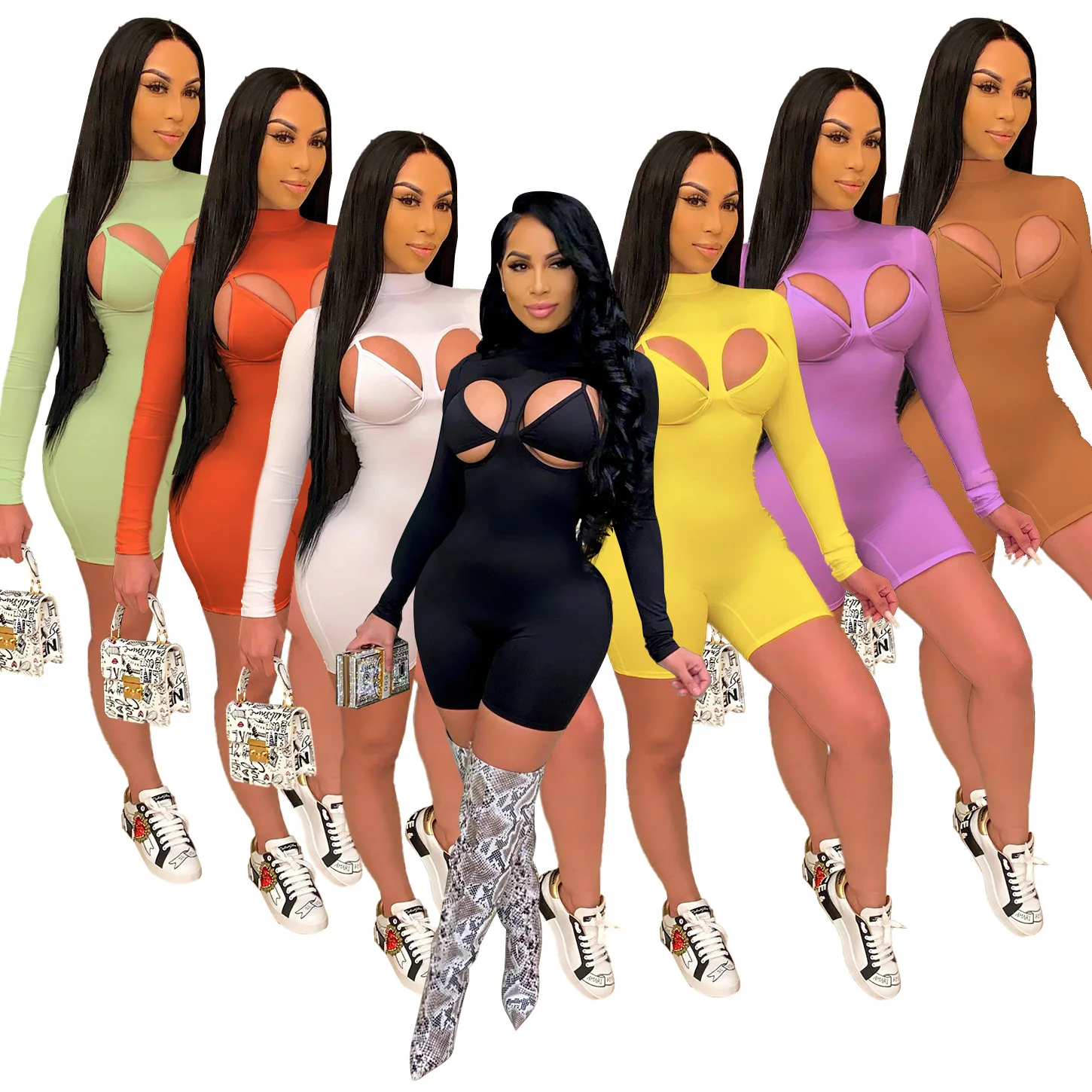 

Ladies Jumpsuit Bra 2 Piece Set Long Sleeve Hollow Out Above Knee Jumpsuits