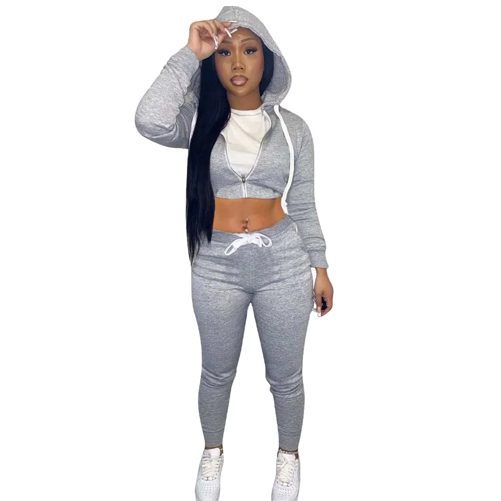 

women boutique clothes 2021 solid crop top 100% polyester sweat suit casual full sleeves zipper hoodie two piece outfits set, Pink/yellow/orange/black/gray