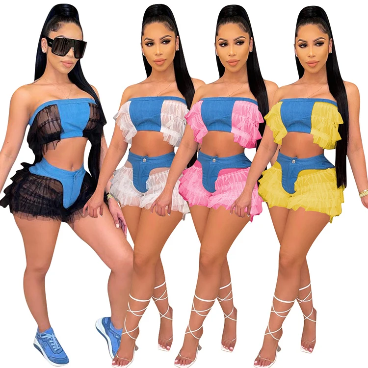 

FASHIONHEBE Lace Crop Top Two Piece Pants Summer Women Clothes 2021 Two Piece Short Set Women Clothing