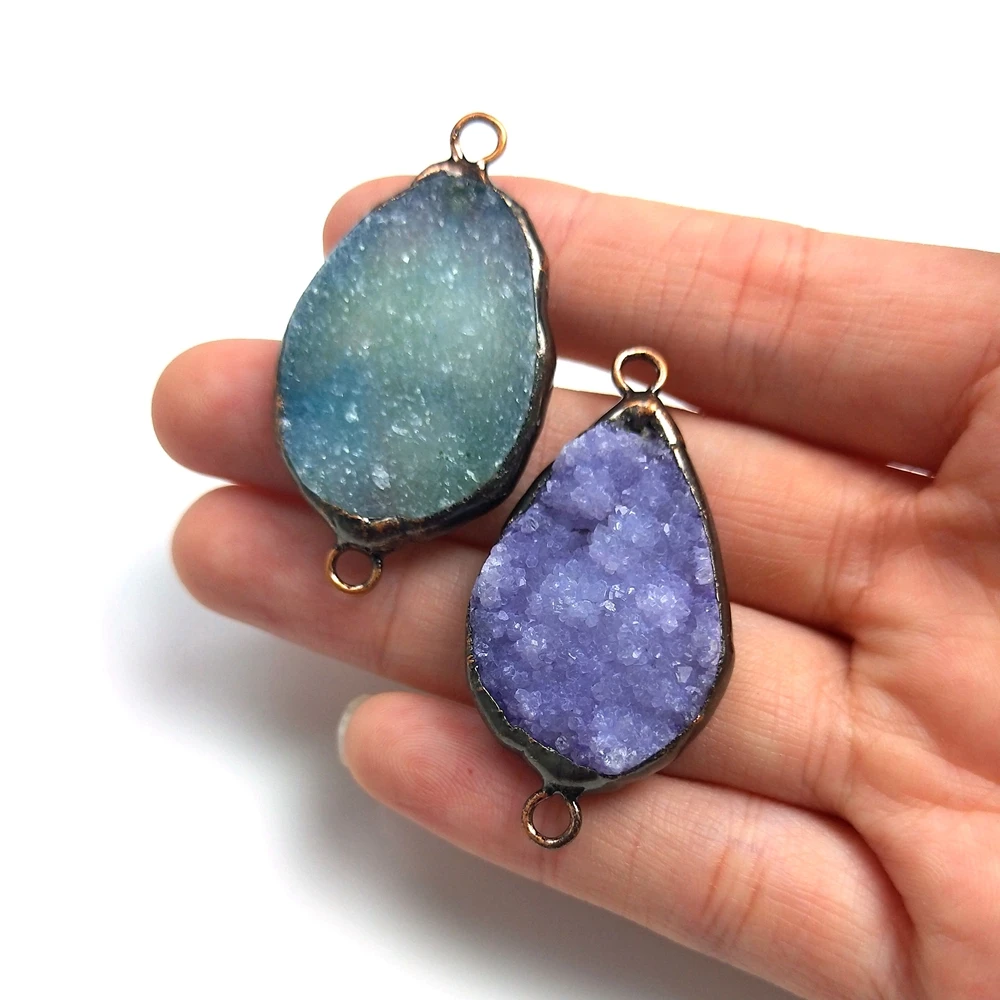 

Natural Raw Electroplated Egde pink blue white purple stones Connector Rough Gemstone Freefrom double bail agate druzy pendant, White, pink, blue, purple