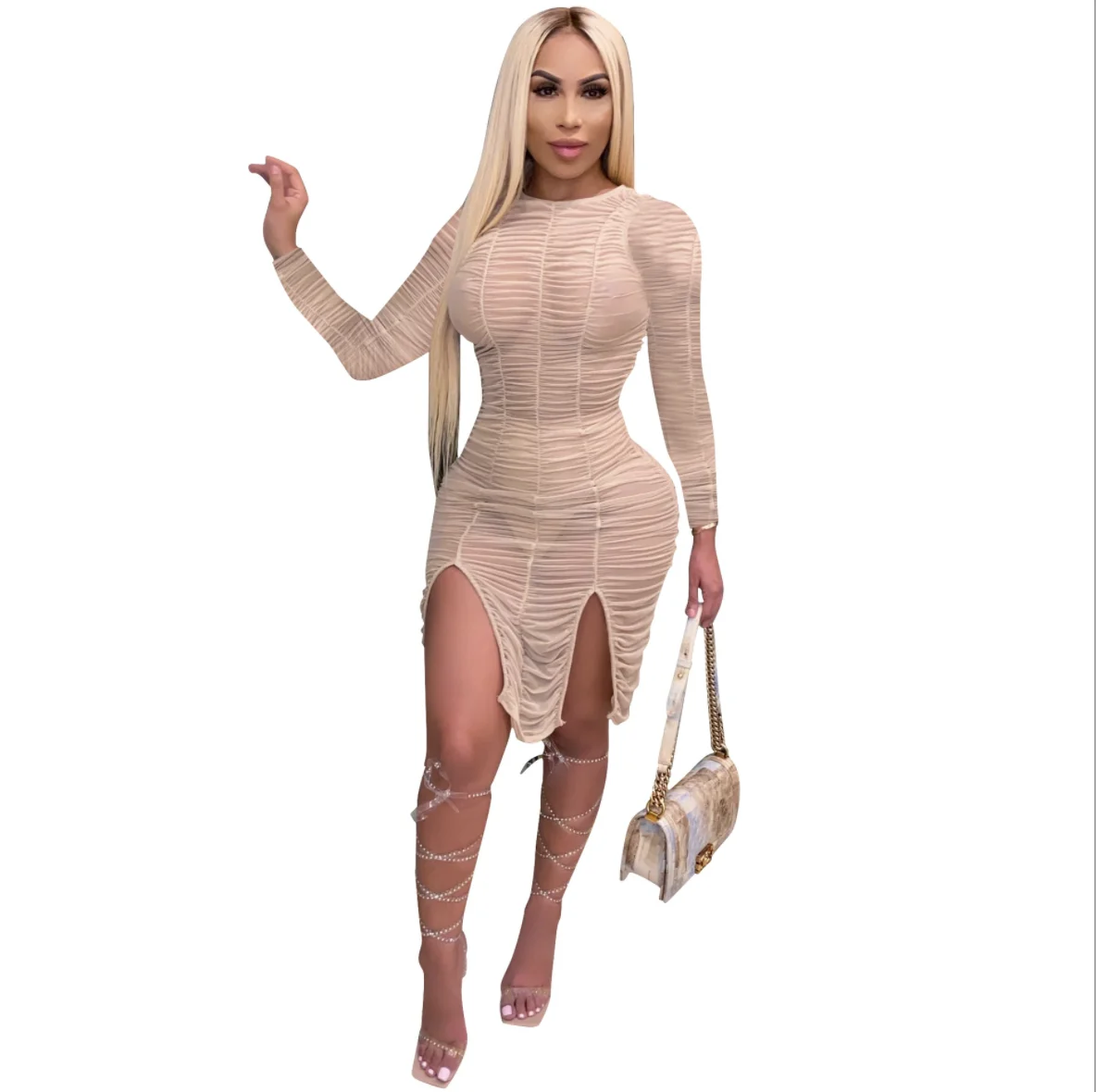 

Amazon Wish hot style Summer women hot style solid ruffled sexy split dress women long sleeve pleated casual dress