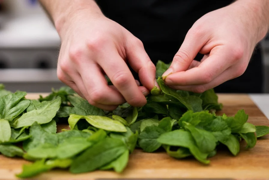 Chef's hands preparing water pepper leaves for culinary use, showing the delicate handling required for this pungent wild edible