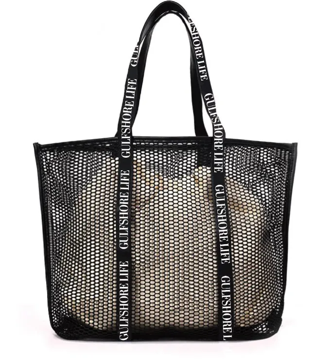 

2021 OEM & ODM Customized Fashion Print Large Mesh Tote Bag Personality Hollow Out Grid Beach Bag, White.black