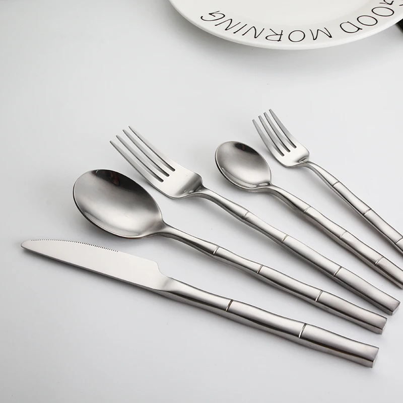 
Eco-Friendly 5 Pcs Gold Silver Flatware Set Bamboo Shape Handle Stainless Steel Luxury Cutlery Set 