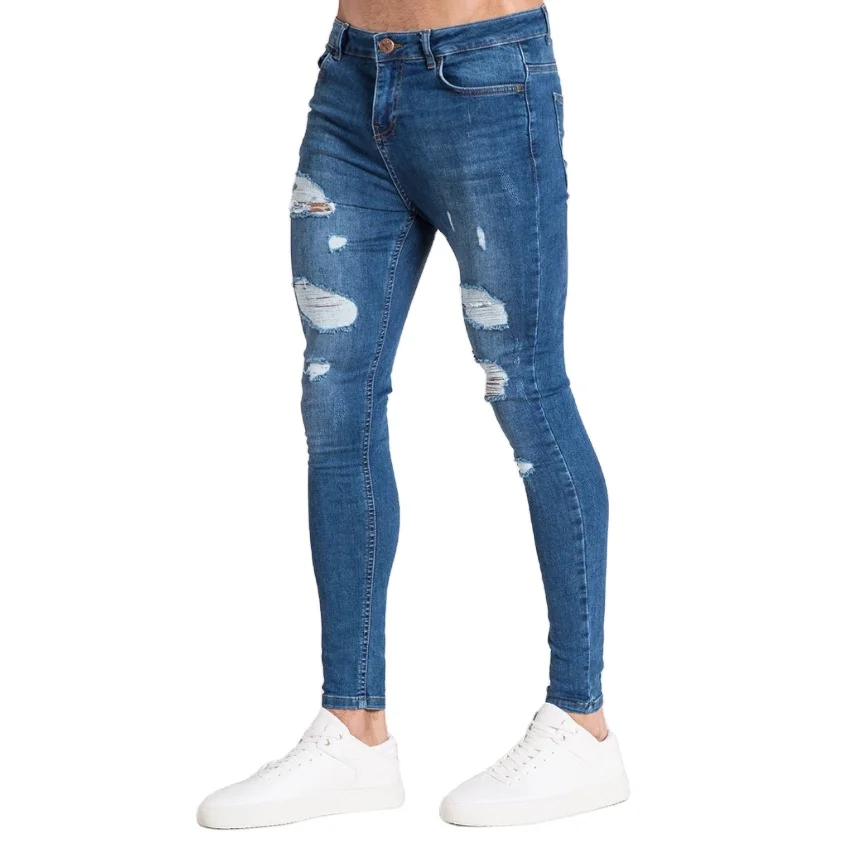 

Factory Wholesales Streetwear online jeans pant tight-fitting knee holes light blue Skinny denim jeans mens Stretch Denim pants