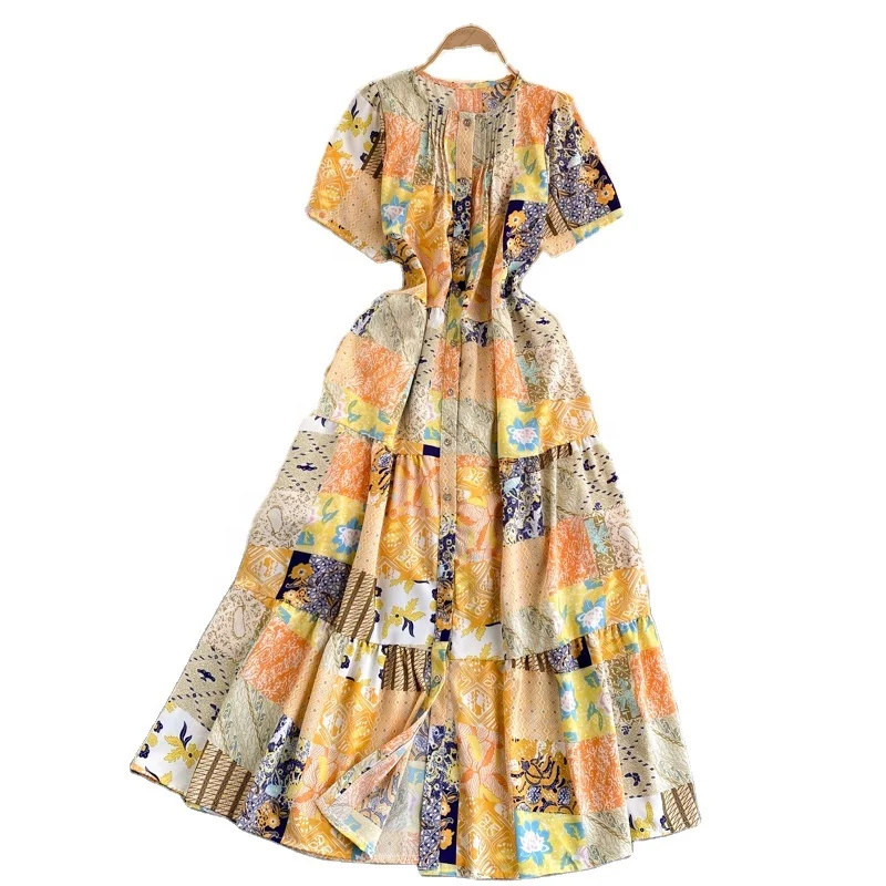 

2021 new summer women's round neck niche fold printing loose large size slim casual dress