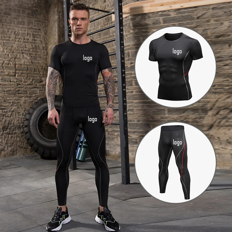 

Custom Logo Gym Clothing T Shirt Short Sleeves Compression Shirts Men Body Fit Shirts set, As picture