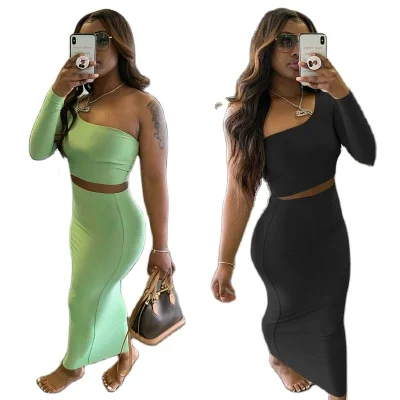 

2021 new summer 2 piece set women dress fashion sexy bodysuit dress solid color one shoulder two piece skirt set