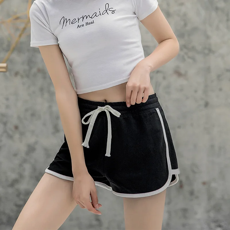 

Summer Leisure Women Shorts Contrast Binding Side Split Elastic Waist Loose Casual Shorts Yo-Ga Short Feminino, 4colors for choose