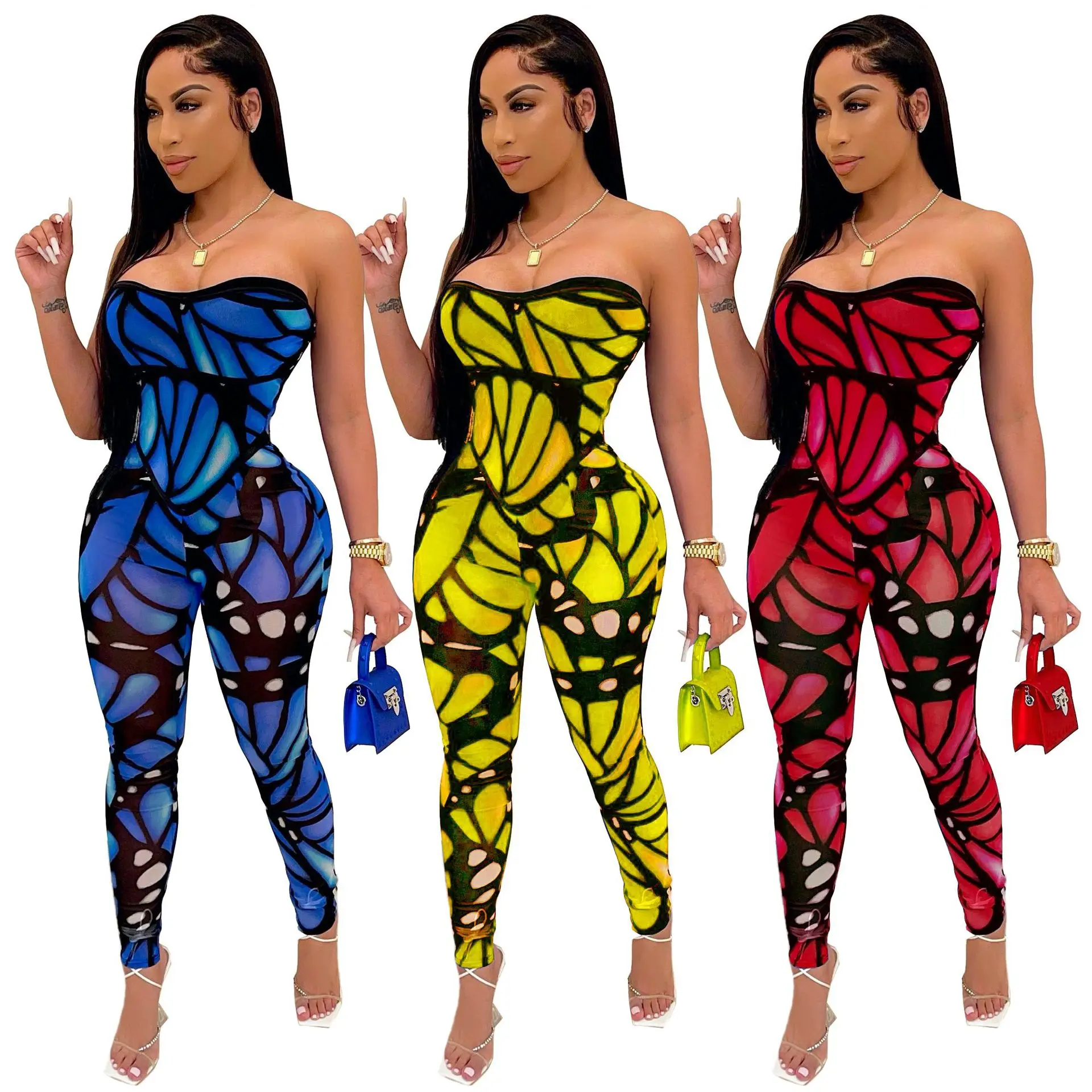 

One Piece Jumpsuit Women Sexy Fashion Summer Sleeveless Halter Butterfly Floral Printed Bodycon Romper Jumpsuit For Ladies 0679