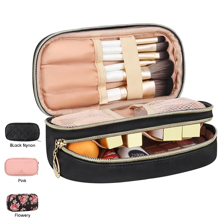 

Relavel Small Black Eco Friendly Zipper Portable Dual Layer Waterproof Travel Makeup Cosmetic Pouch Bag For Girls