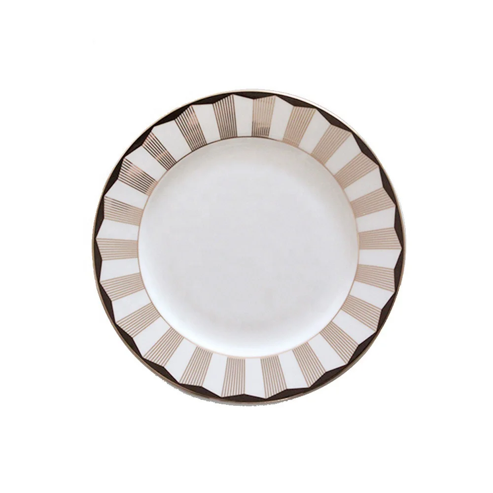 

White Black Gold Rimmed Round Creative Ceramic Plate for Soup And Salad