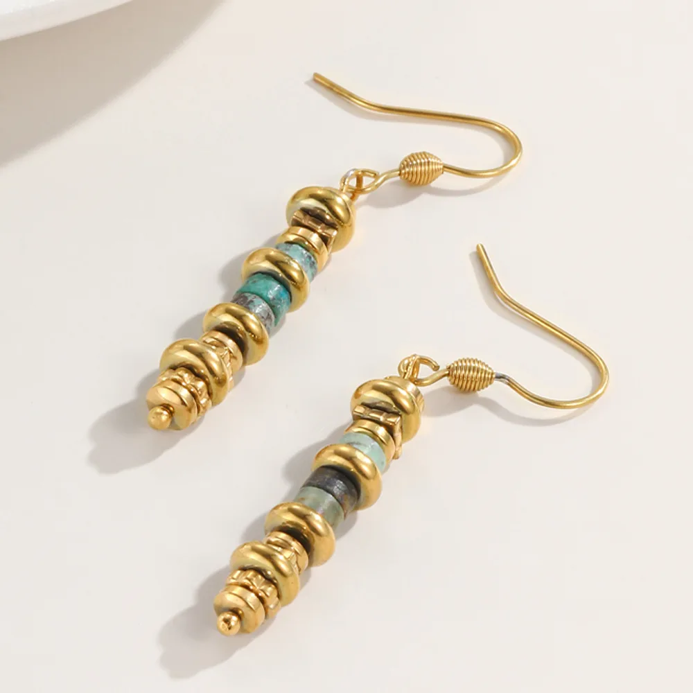 New Vintage Solid Beaded Big Hook Drop Earring 18K Gold Plated Stainless Steel Natural Stone Gravel Drop Earring