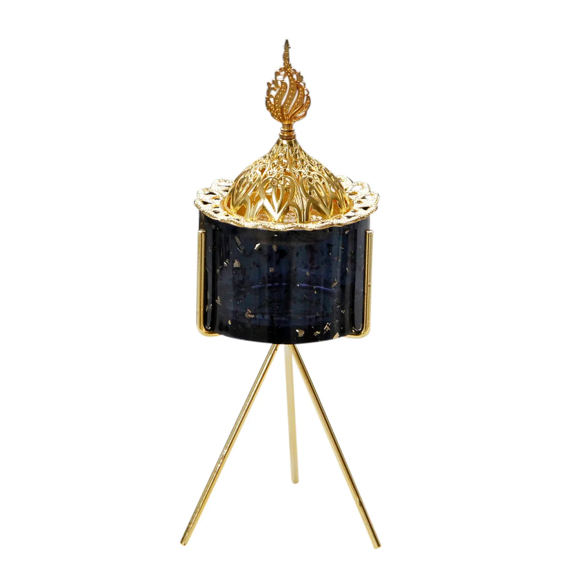 

Fashionable Light Luxury Black Resin Incense Burner with Lid and Gold Metal Tripod