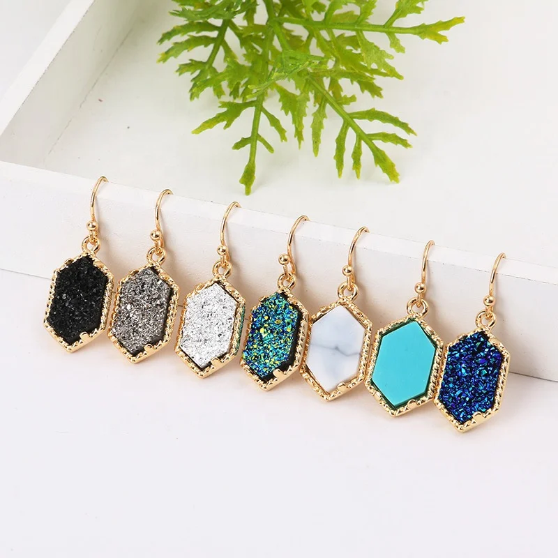 

Drusy Hexagon Dangle Earrings Imitated Crystal Resin Stone Druzy Earings Gold Silver Plated Brand Jewelry for Women
