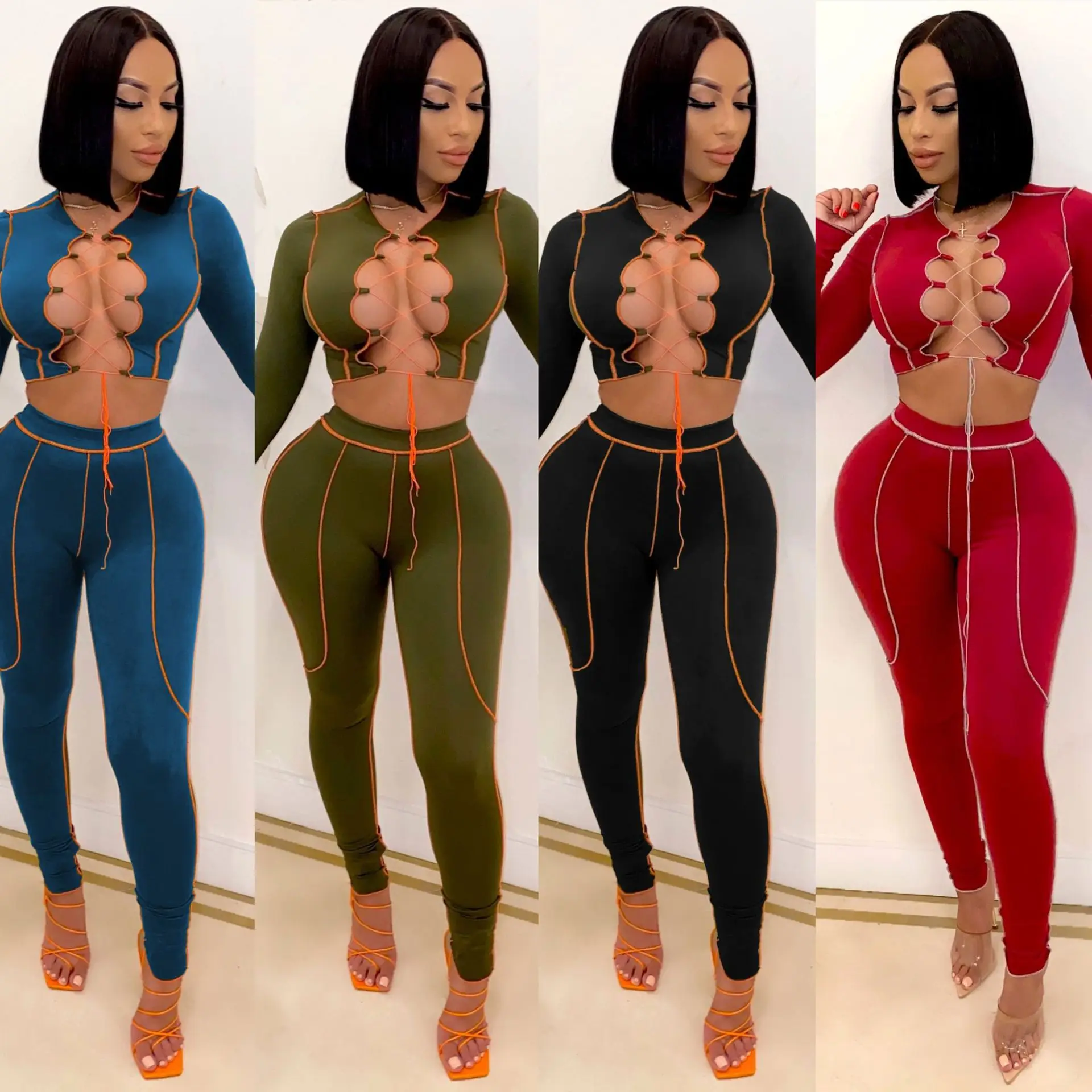 

Sexy Hollow out Women Bandage 2 Piece Long Sleeve Top and Pants Suit Sets