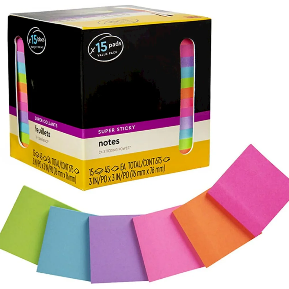 

Sticky Notes Assorted Bright Colors 3x3 in 15 Pads/Pack 45 Sheets/Pad 2x the Sticking Power Recyclable Multi-color