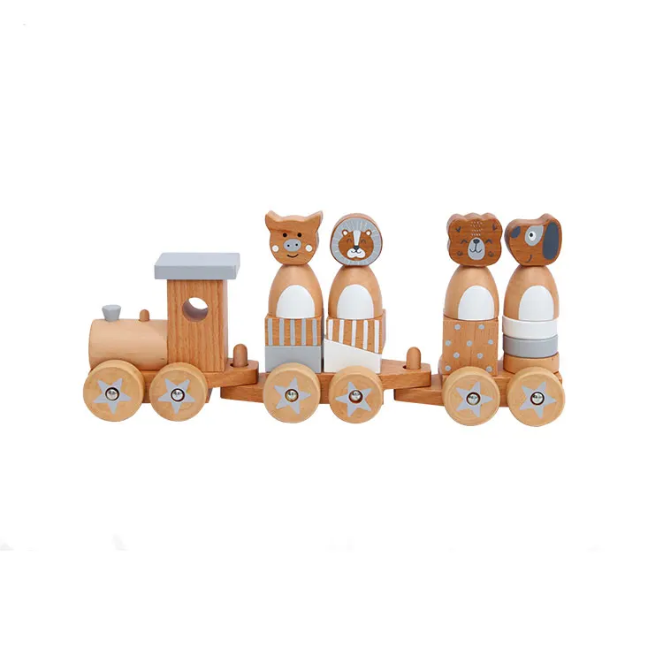 

Popular Colorful Wooden Zoo Animal Stacking Sorting Train Push Pull Long Train Block Toy
