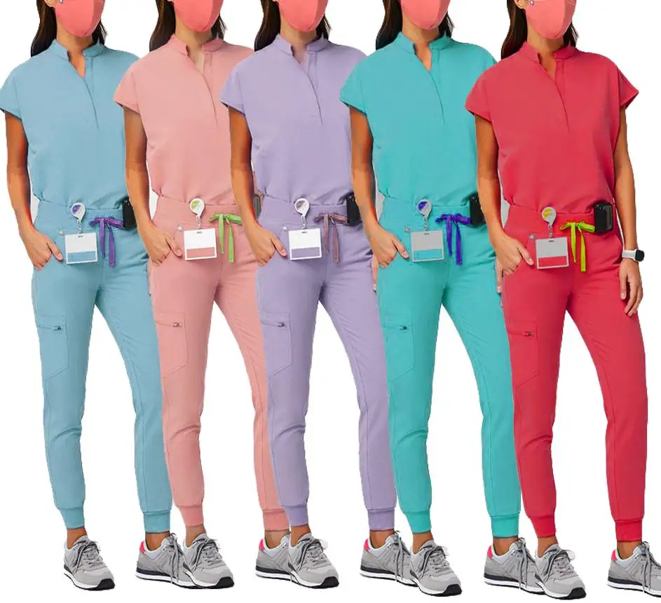

High Quality Short Sleeve Scrubs Multicolor Jogger Style Top&pants Women Hospital Uniform Medical Suits Nurse Suits Clothing