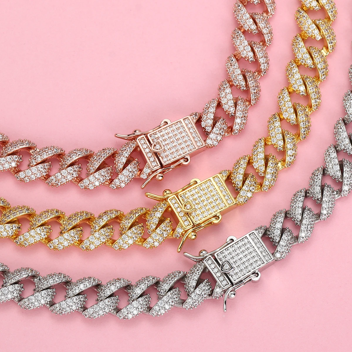 

Hip Hop Jewelry  White Gold Plated Iced Out Cuban Link CZ Prong Cuban Link Chain Necklace Diamond Cuban Chain, Gold / white gold/rose gold