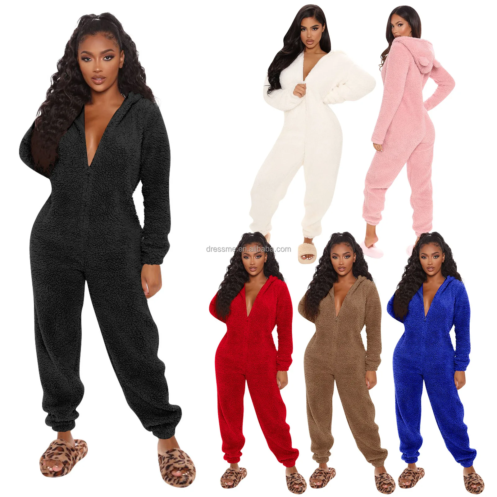 

MT61-4133 2021 winter plus size women solid color polar fleece warm homewear hooded sleepwear jumpsuits loungewear