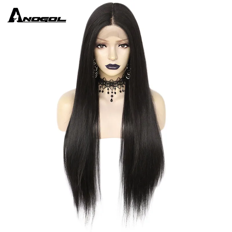 

Anogol High quality Long Black Color Futura Lace Front Wigs with Japanese Fiber for Women