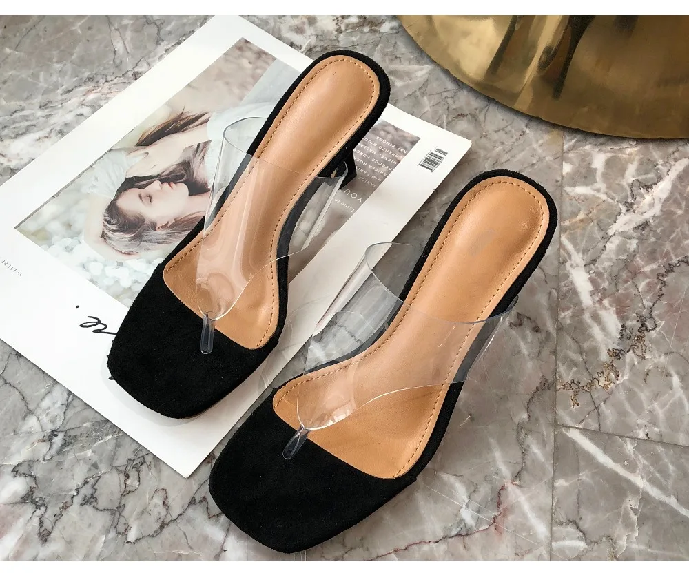 

NEW 2021 Sexy Transparent PVC Pinch toe Peep Toe High Heel Slippers Summer Fashion Slip On Thin Heels Slides Women Mules, As pictures