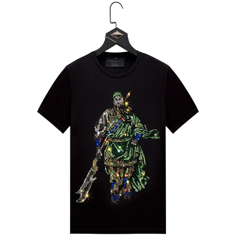 

wholesale Mercerized cotton custom casual slim t shirt Chinese style transfer rhinestone t-shirt men