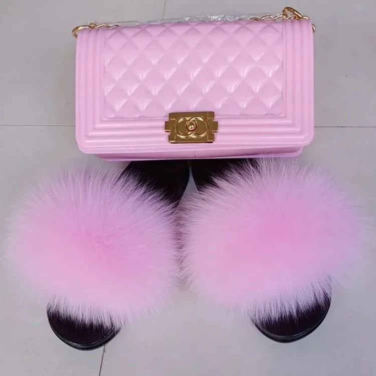 

Big fur slides women fur slippers fur slides and matching purse, Customized color