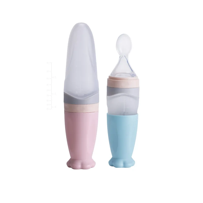 

New Hot Selling Food Grade Baby Silicone Squeeze Feeding Bottle With Spoon Baby Rice Paste Bottle Baby Feeder